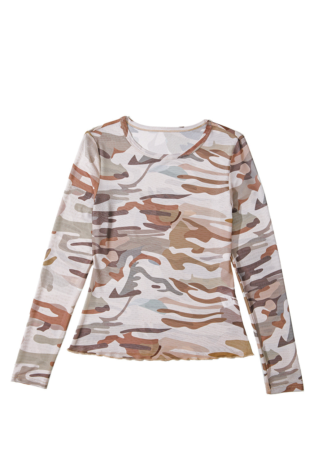 Western Fashion Camouflage Print Mesh Long-Sleeved Top