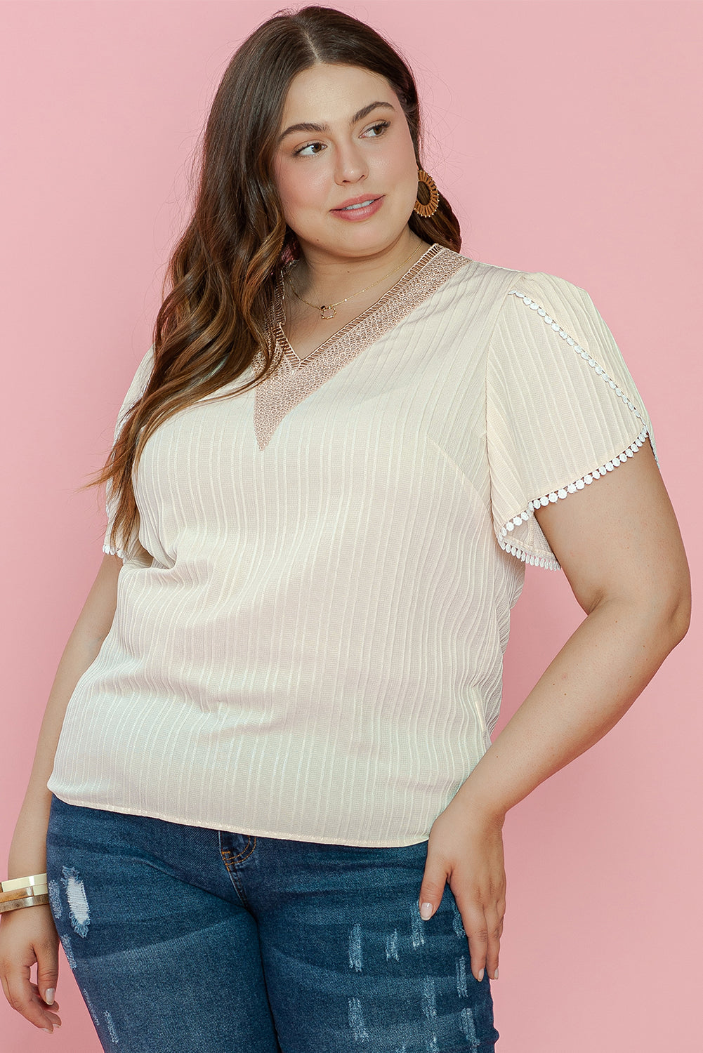 Blouse for Women Plus Contrast Guipure Lace-Trimmed Petal