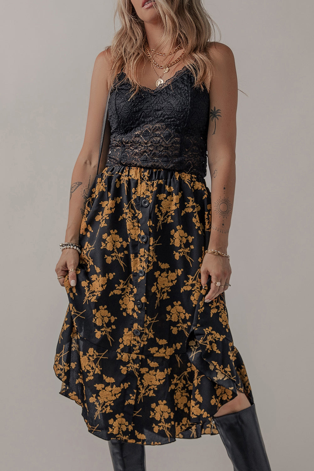 Women's Skirt Featuring Elastic Waist Floral-Print Ruffle-Trimmed