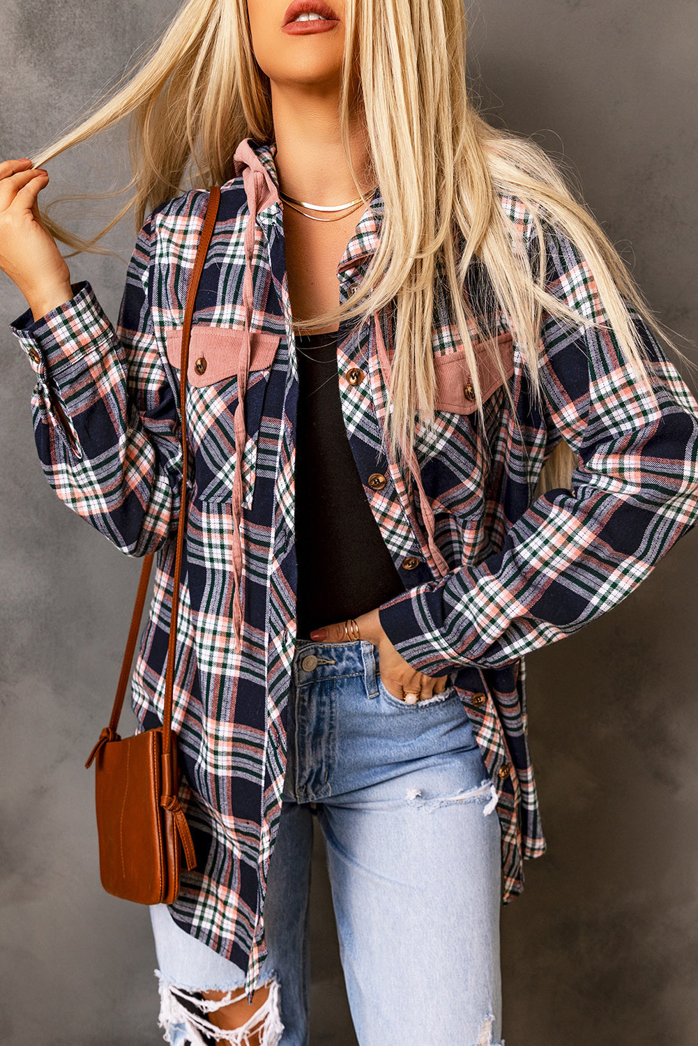 Women's Shacket with Hooded Drawcord Plaid