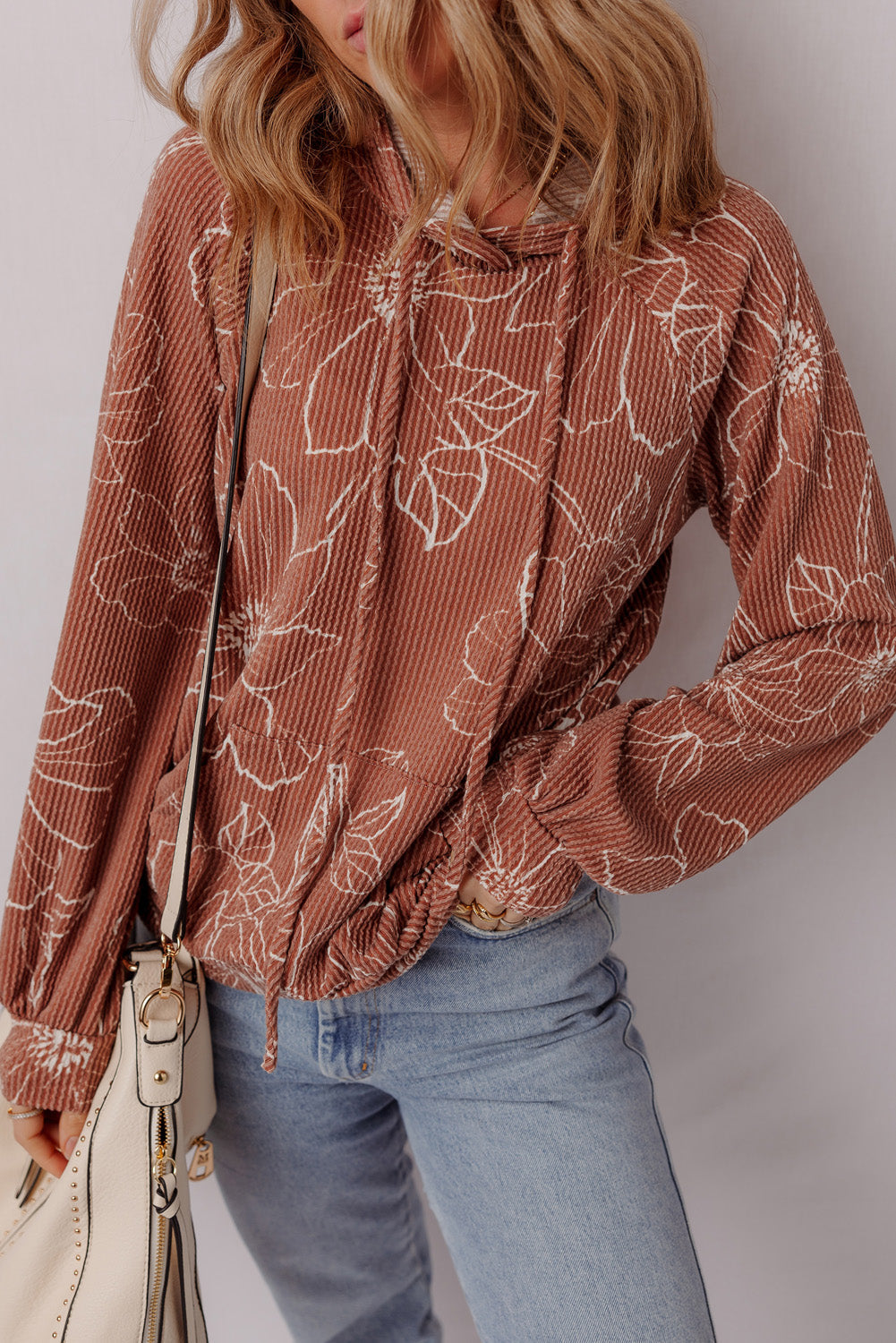 Rib Floral Twisted Drawcord Kangaroo Pocket Hoodie
