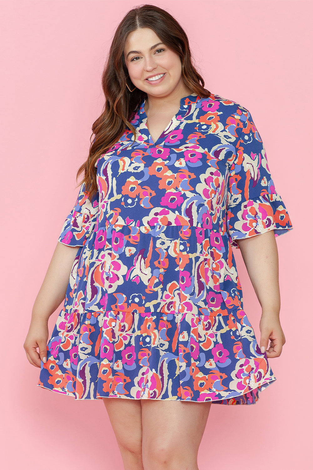 Women's Mini Dress with Ruffle-Trimmed Three-Quarter Sleeve Plus Size Floral-Print Print