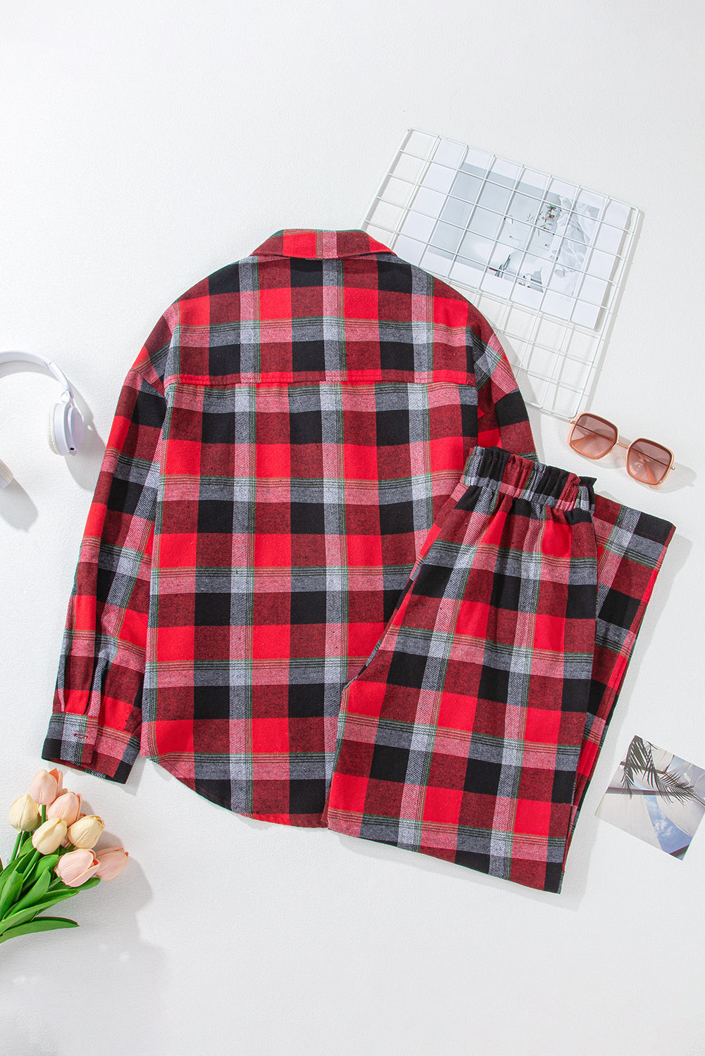 Checkered Pattern Christmas Pattern Loose Shirt and Pants Lounge Set