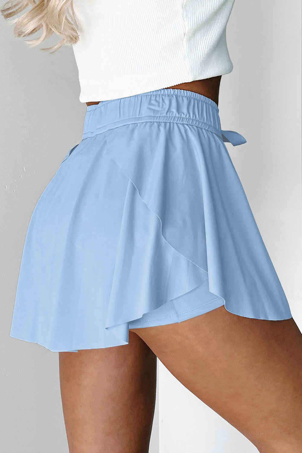 Drawcord Lined Elastic Waistband Tennis Skorts in Sky Blue