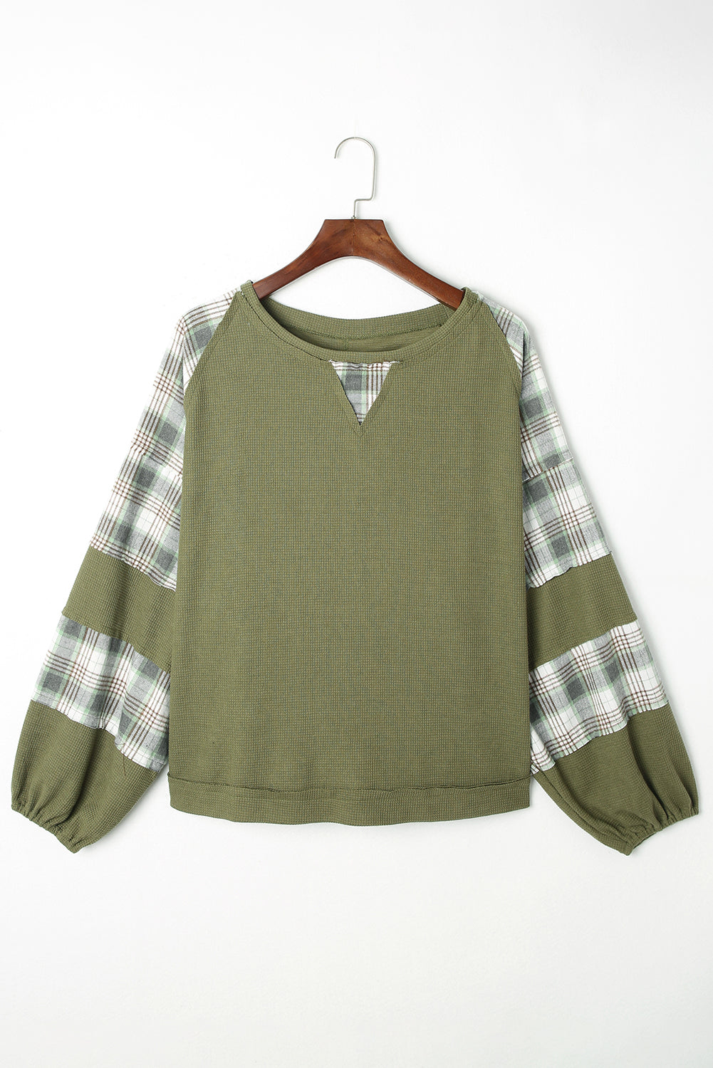 Women's Top with Bubble Sleeve Plaid Knitted