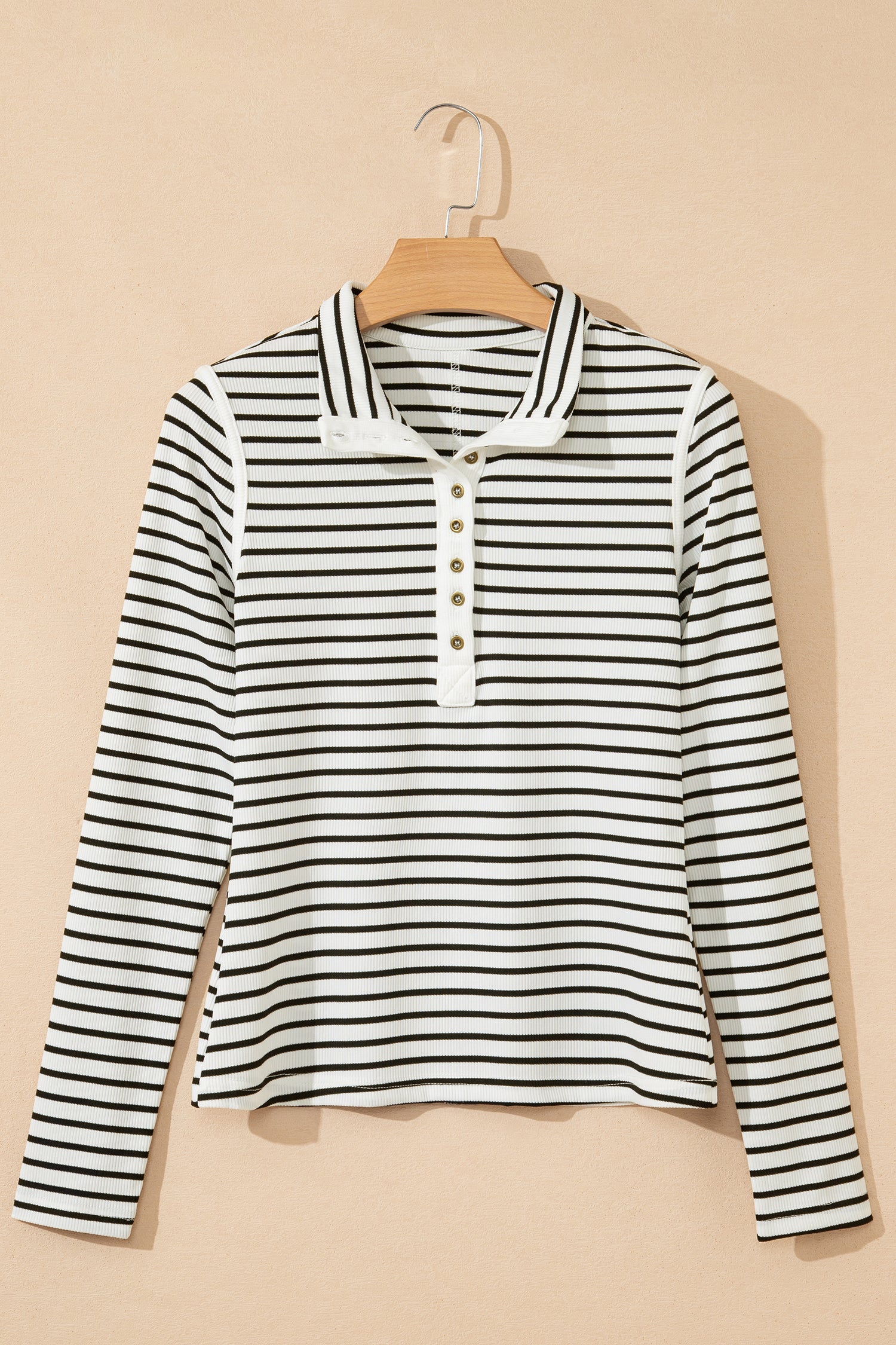 Black Stripe Rib-Knit Knit Long-Sleeved Slim Top in White