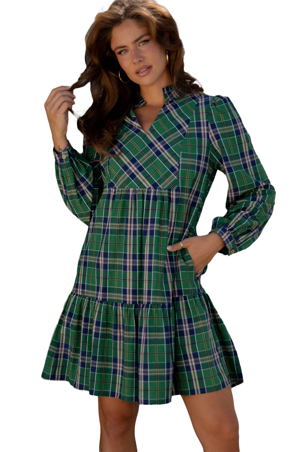 Print Frilly Plaid Frilly Collar Long-Sleeved Shift Mini Dress