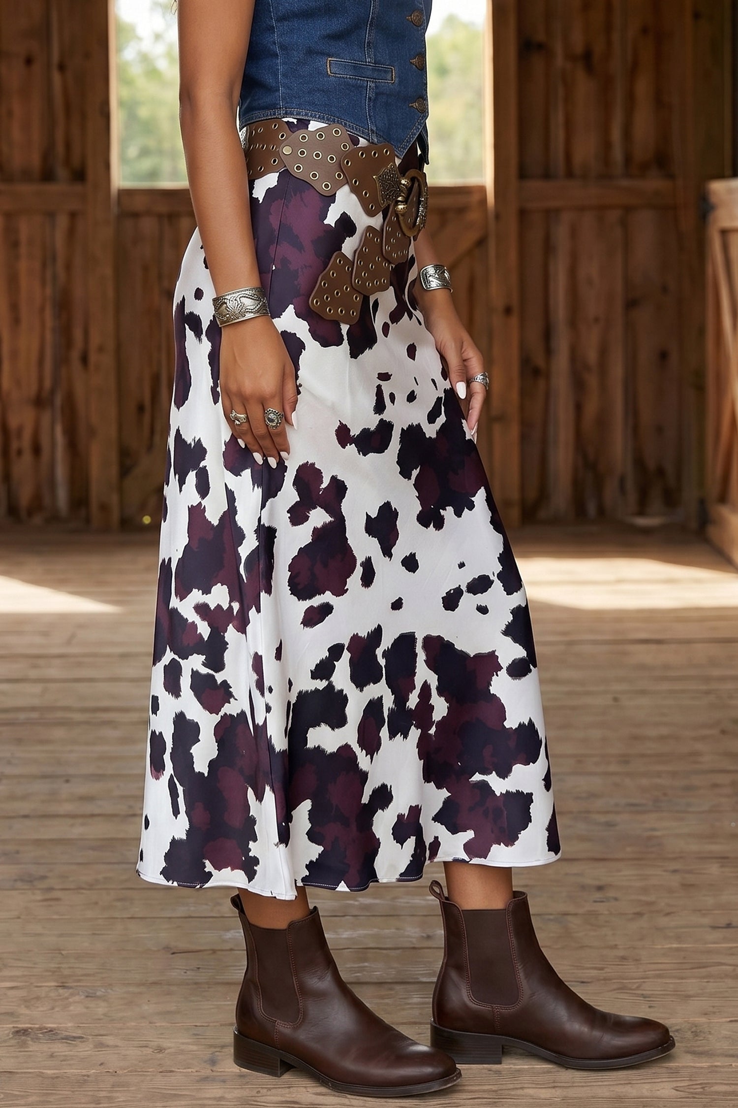 Abstract Long Print Western Metal Zip-Front Waist Daily Wear Skirt in Brown