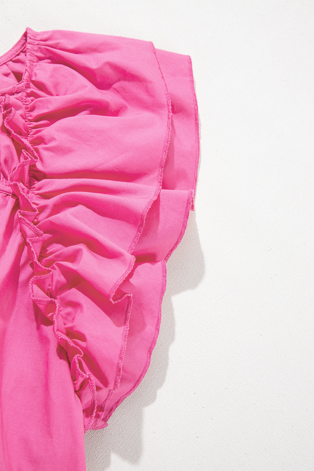 Pink Shirred Yoke Lace up V Neck Ruffled Sleeve Blouse