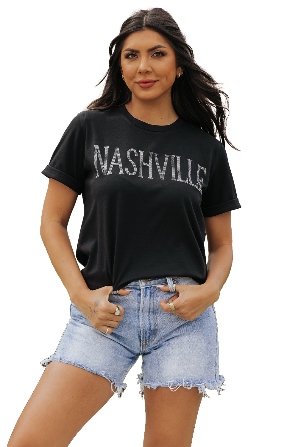 Women's T Shirt with Crew Neck Rhinestone NASHVILLE Graphic-Print
