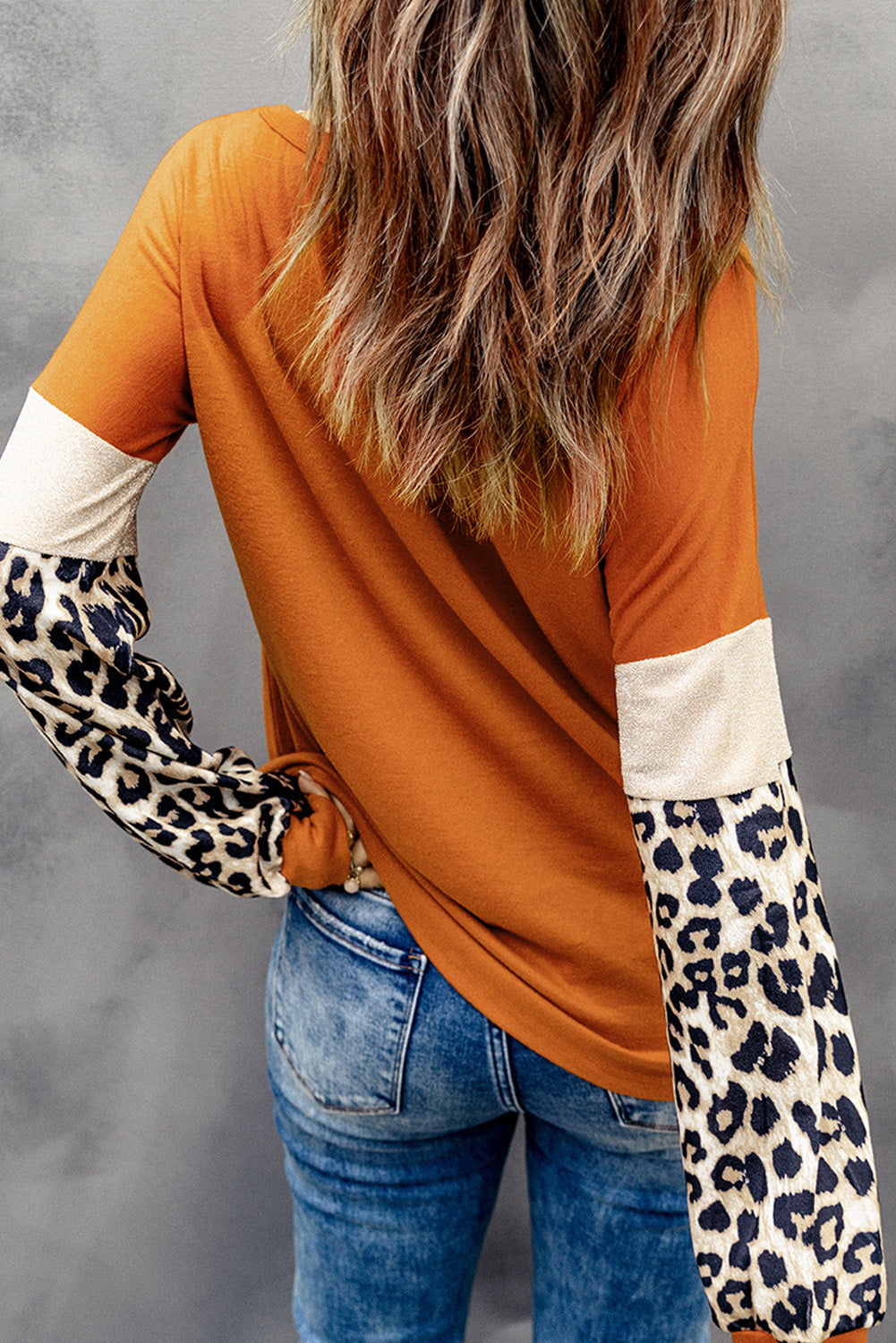 Women's Top with Patchwork Long-Sleeve Leopard-Print