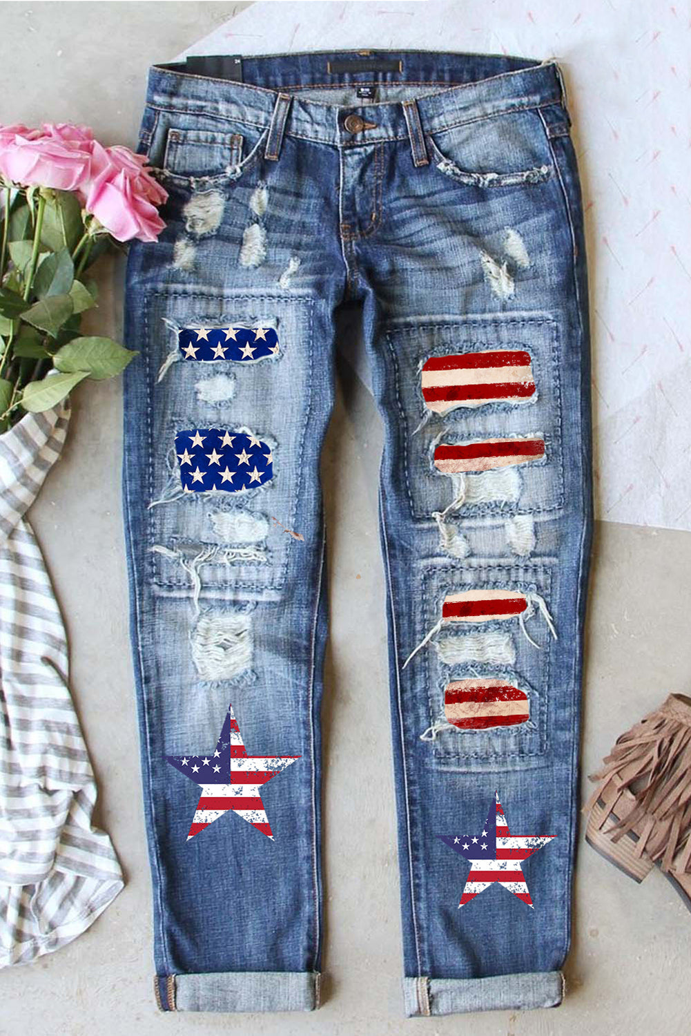 Women's American Flag Patched Distressed Jeans