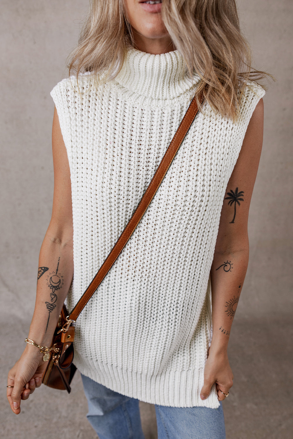 Women's Vest with Knitted Slit Hem Sweater Turtleneck