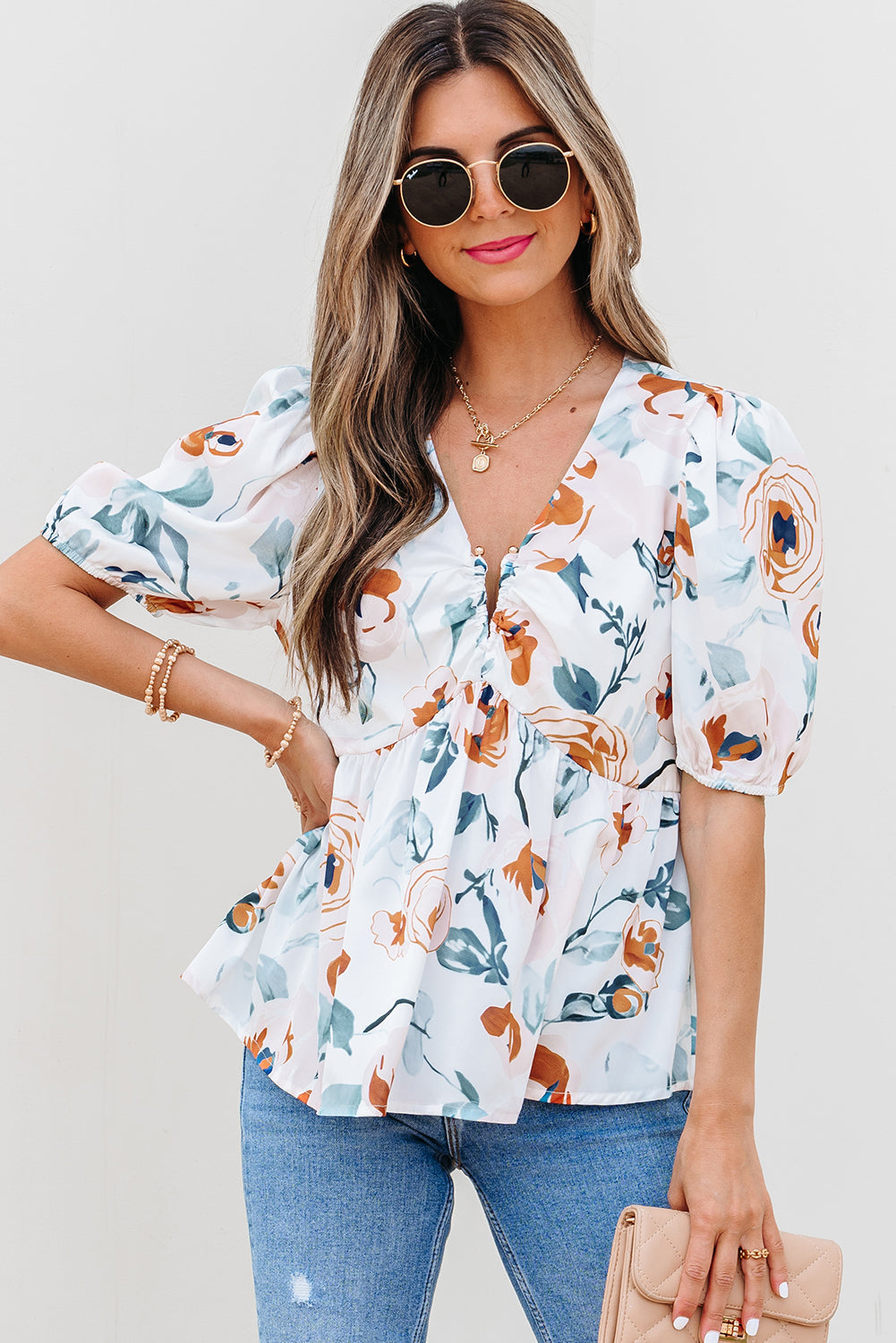 Floral-Print Puff Sleeve V-Neck Babydoll Blouse