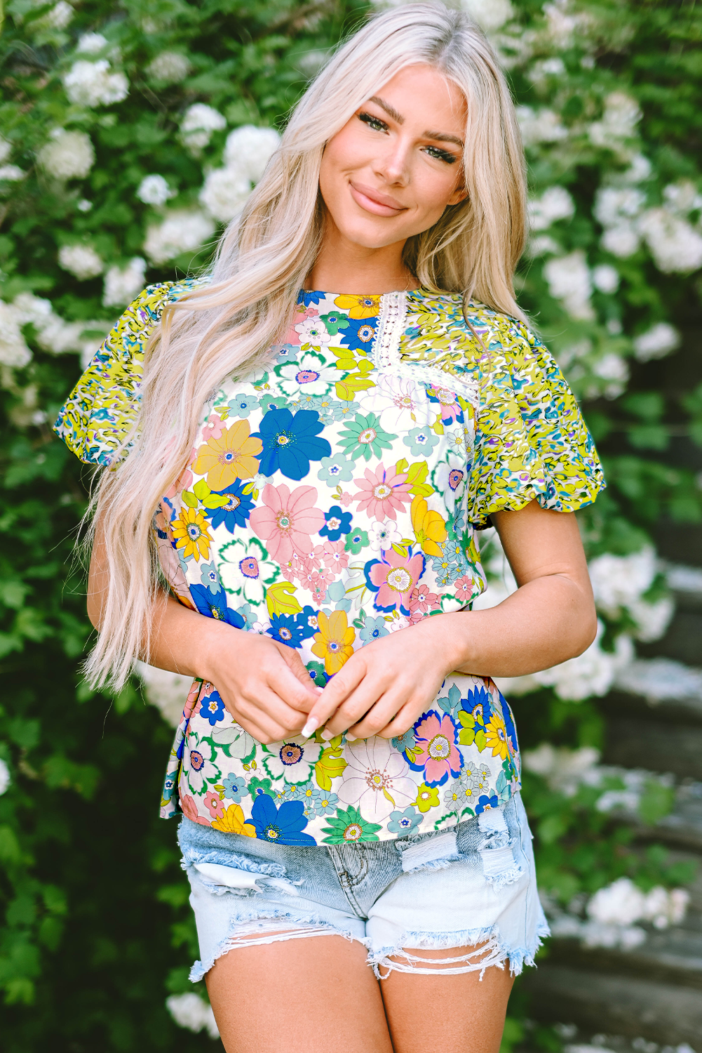 Women's Blouse with Lace-Trimmed Trim Floral-Print Mixed Print Bubble Sleeve