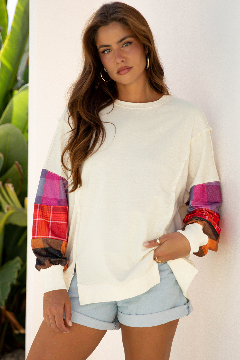 Contrast Plaid Long-Sleeved Exposed Seam Patchwork Top in Beige