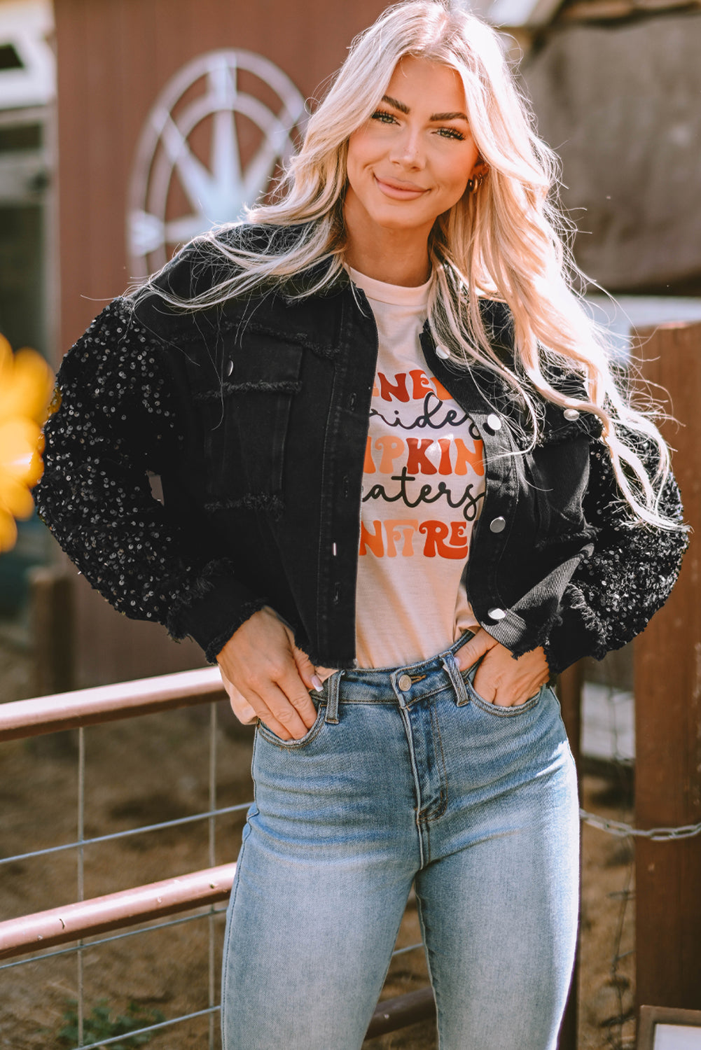 Women's Sequin Raw-Edge Denim Jacket