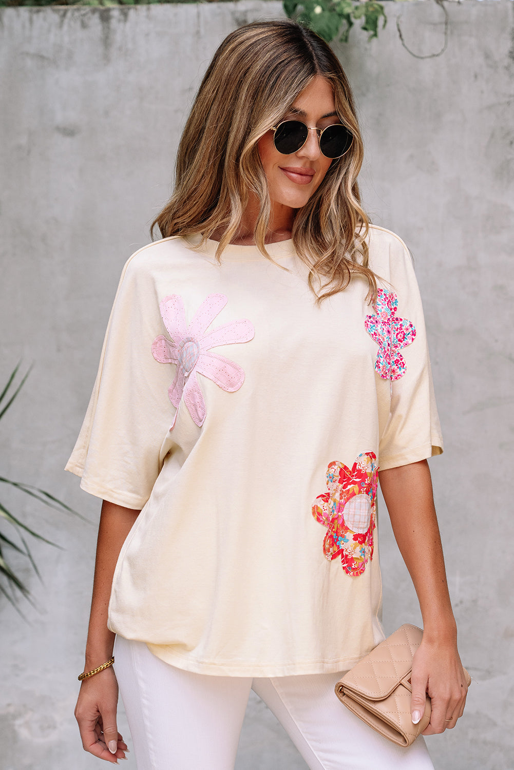 Exposed Flower Patched Stitching Trim Crew-Neck Loose Tee