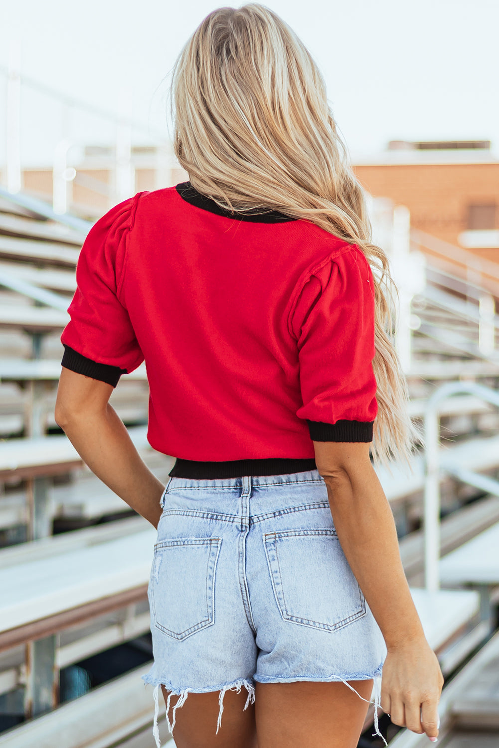 Sequin Rugby Color Block Puff Short Sleeve Sweater