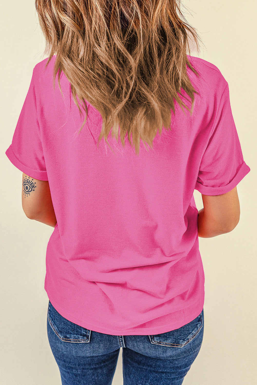 Pink Bright Casual Plain Crew Neck Tee