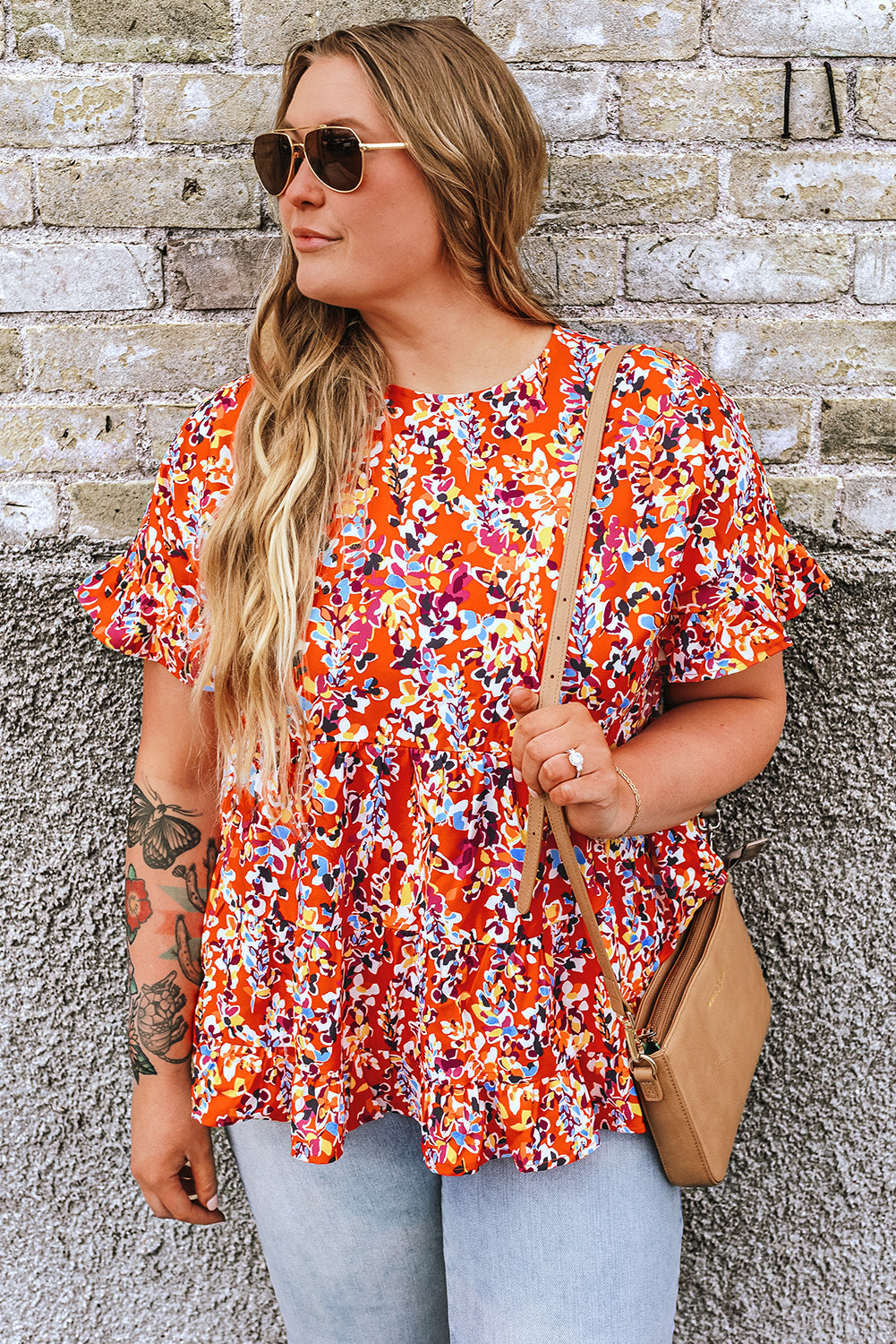 Blouse for Women Ruffle-Trimmed Curvy Babydoll Floral-Print