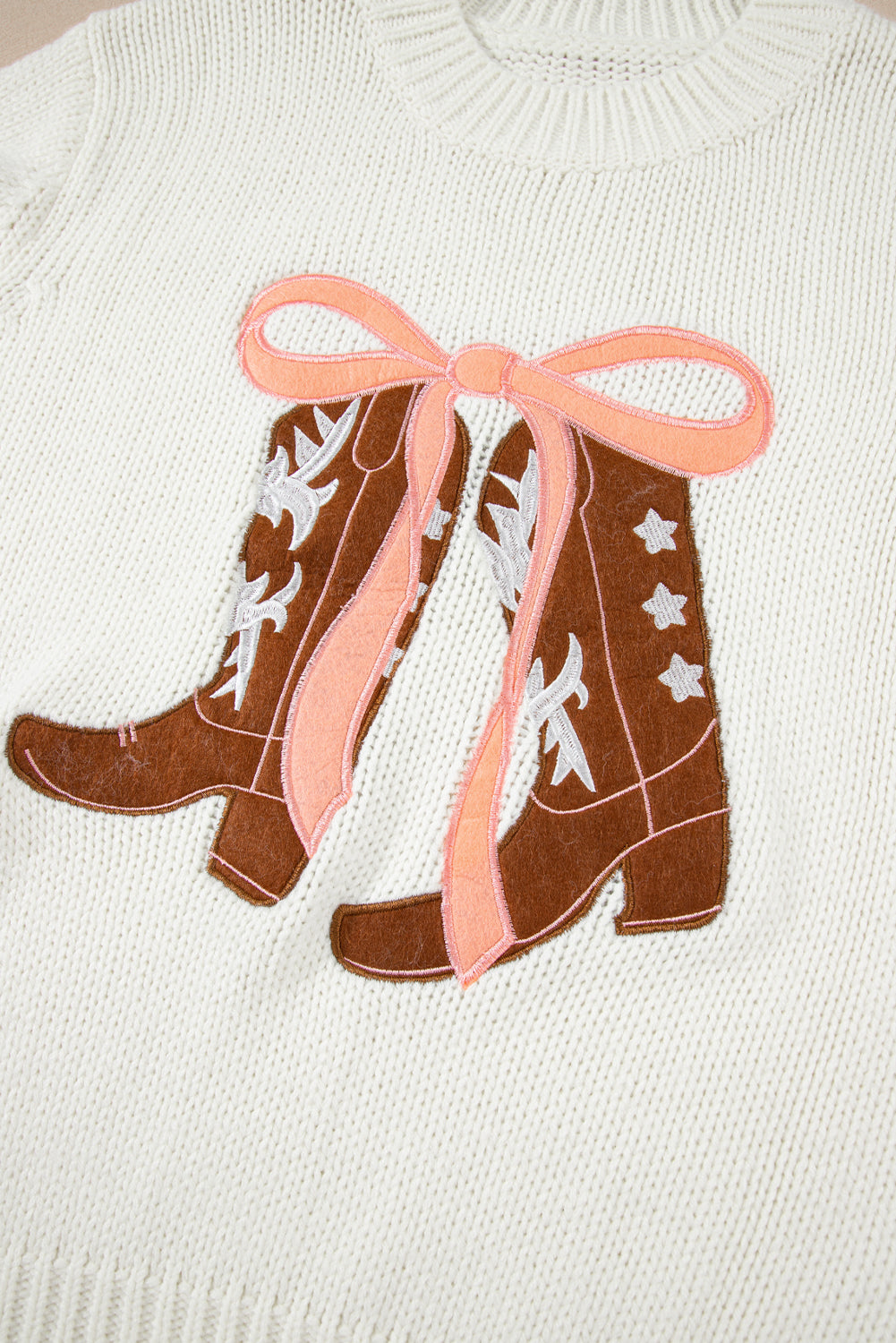 Embroidered Graphic Bow Boots Drop-Shoulder Knit Top