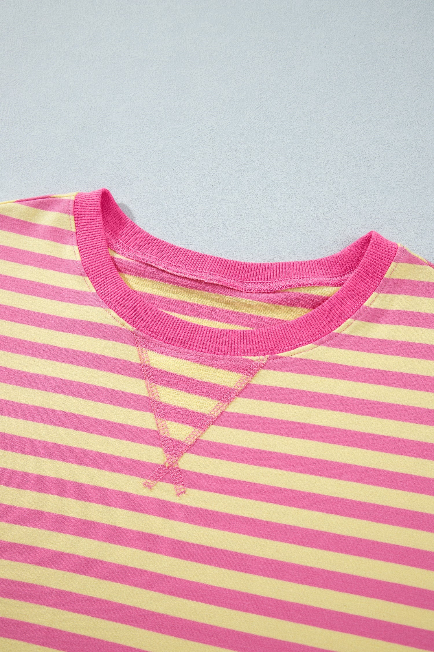 Stripe Colorblock Trim Crew-Neck Loose Tee Drawcord Elastic Waist 2pcs Pant Set in Pink