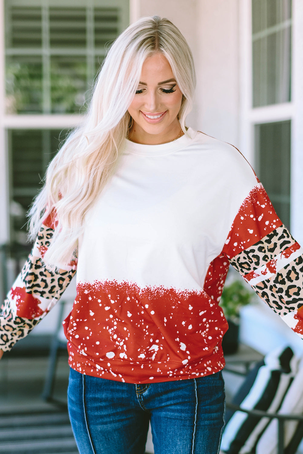 Women's Top with Tie-Dye Leopard-Print Long-Sleeve