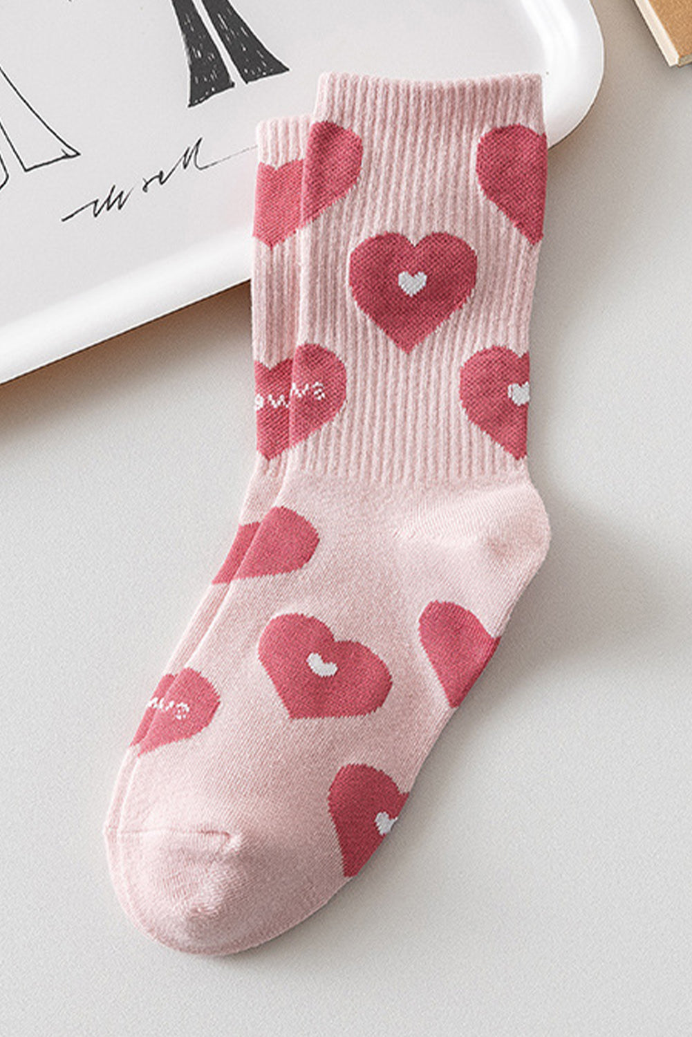 Heart Trim Print Rib-Knit Soft Crew Socks