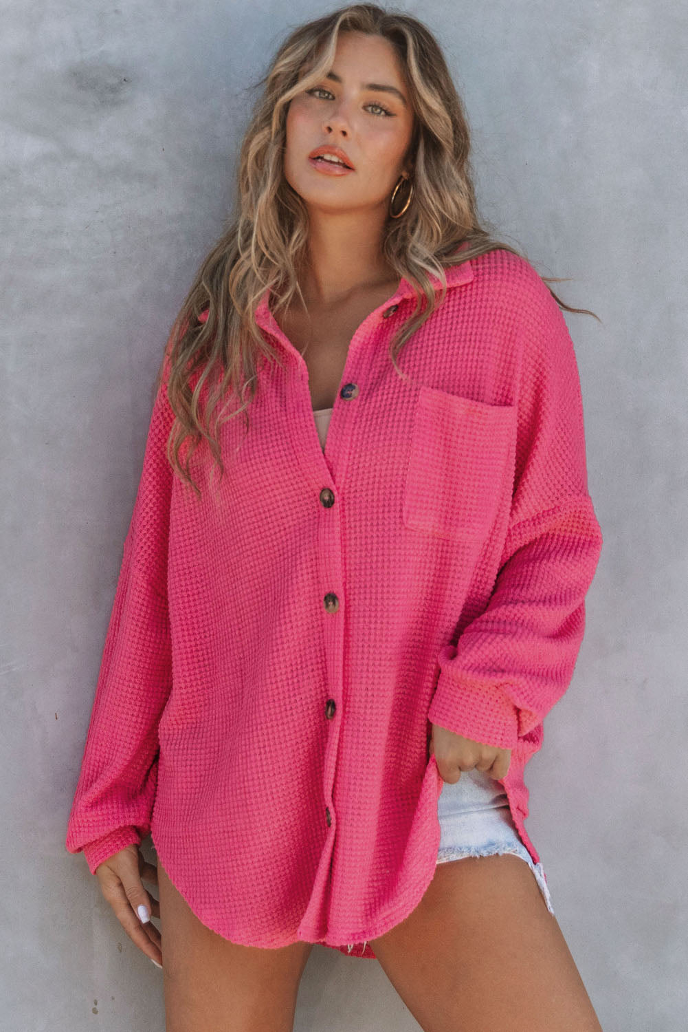 Women's Shirt Featuring Waffle Knitted Button Up Everyday