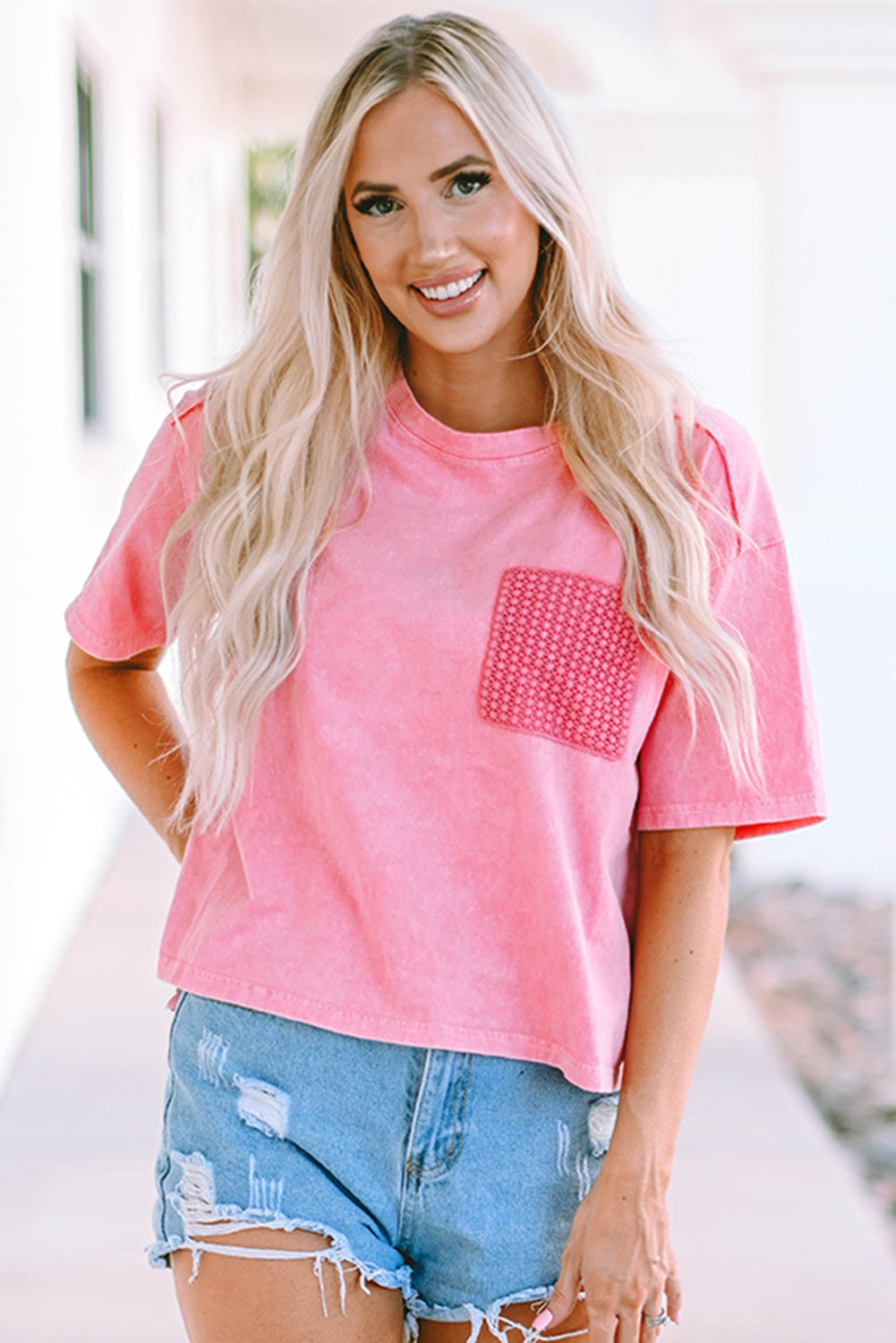 Women's T-shirt Featuring Lace-Trimmed Patch Pocket Acid Wash