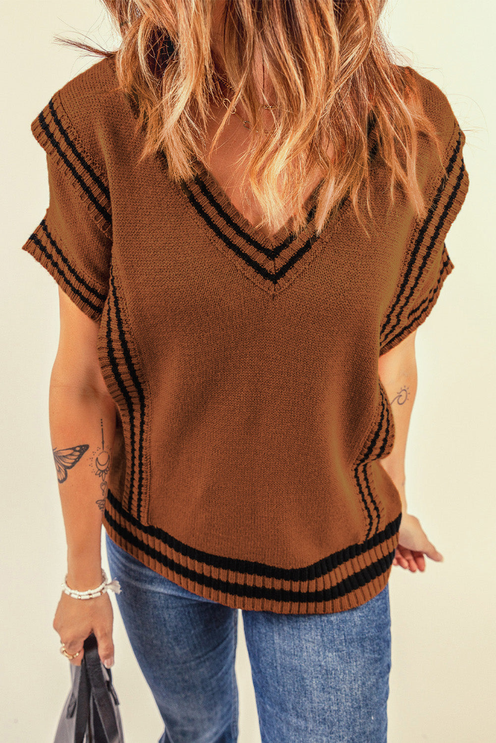 Women's Sweater with Stripes Trims Short-Sleeve