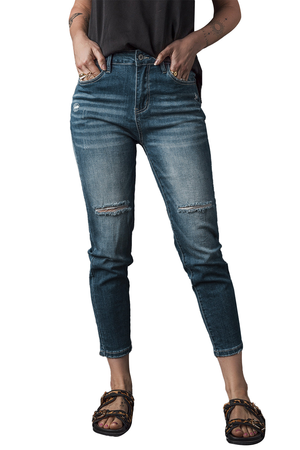 Women's Jeans Featuring Distressed Ripped Slim-Fit