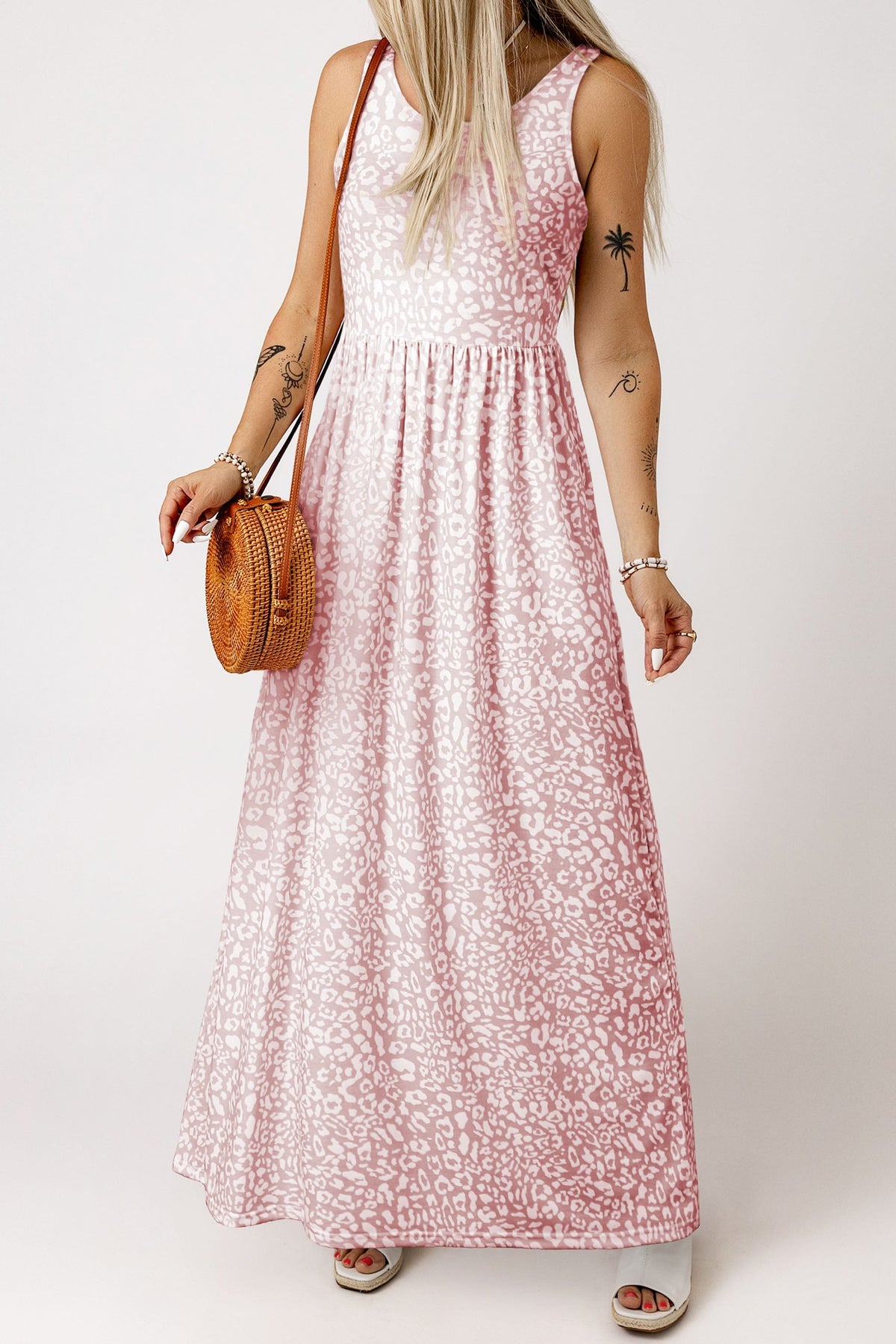 Women's Maxi Dress with Leopard-Print Pocket-Detail Sleeveless