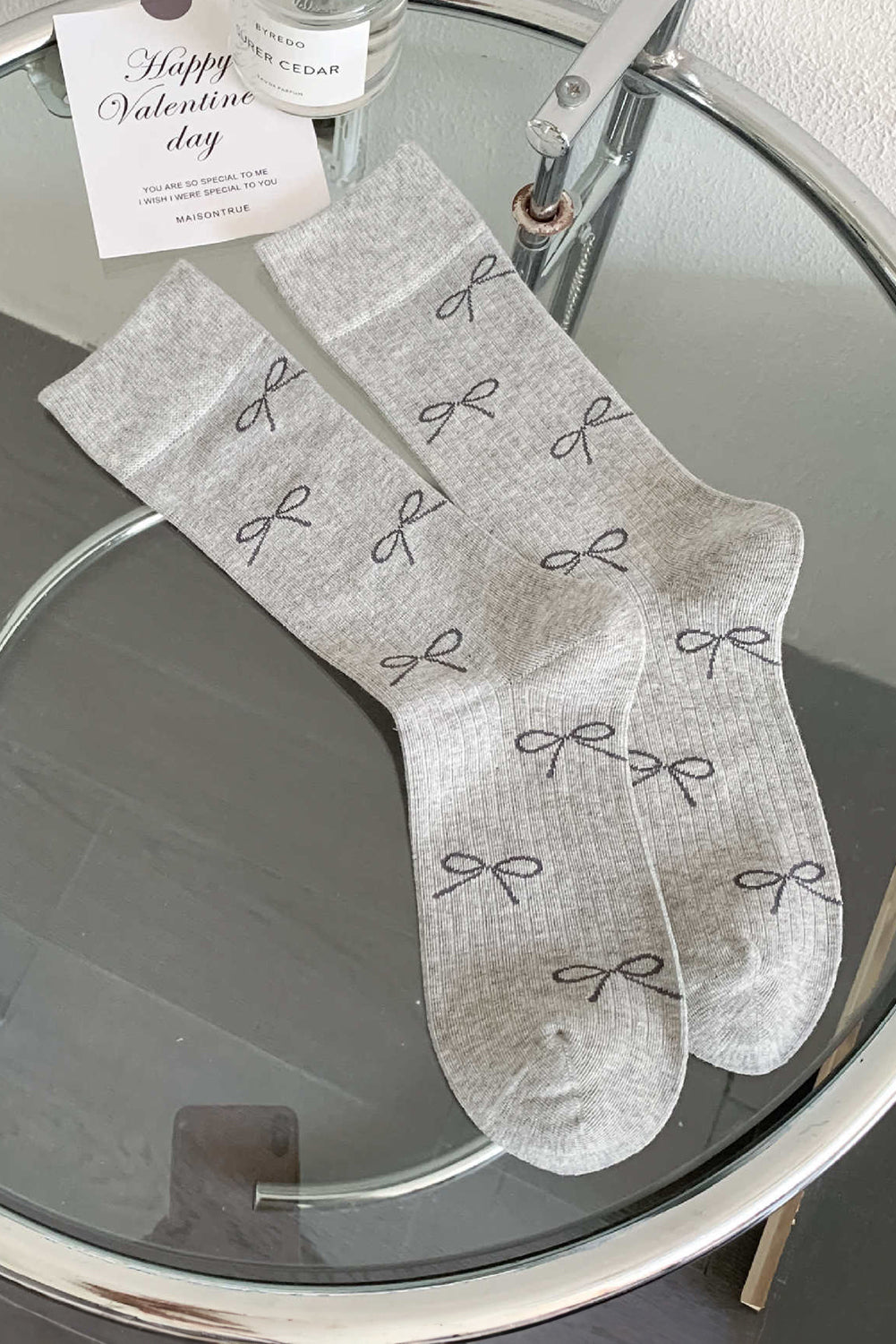Bow Rib-Knit Knot Print Crew Socks