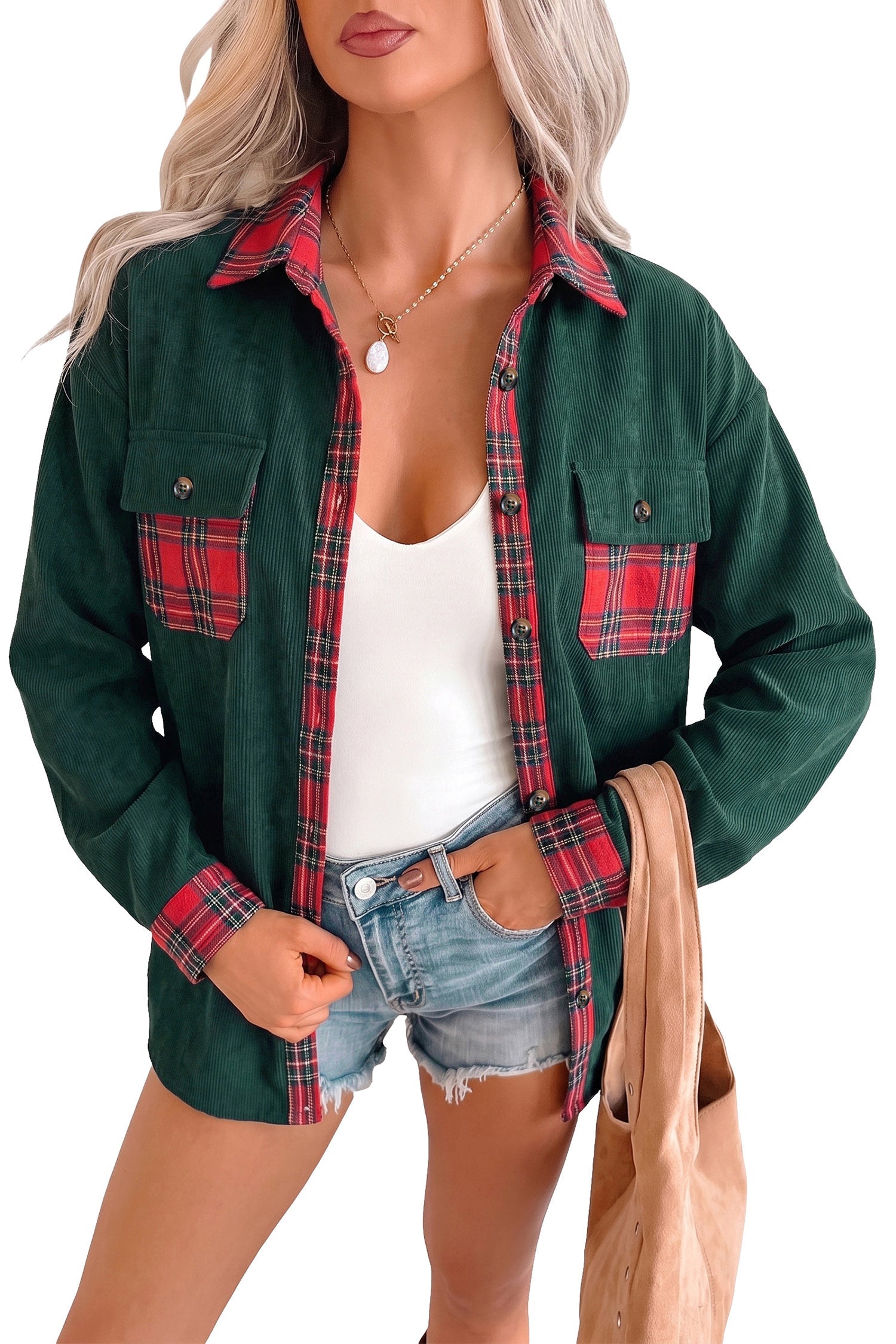 Button Plaid Pocket Long-Sleeved Shift Shacket in Blackish Green