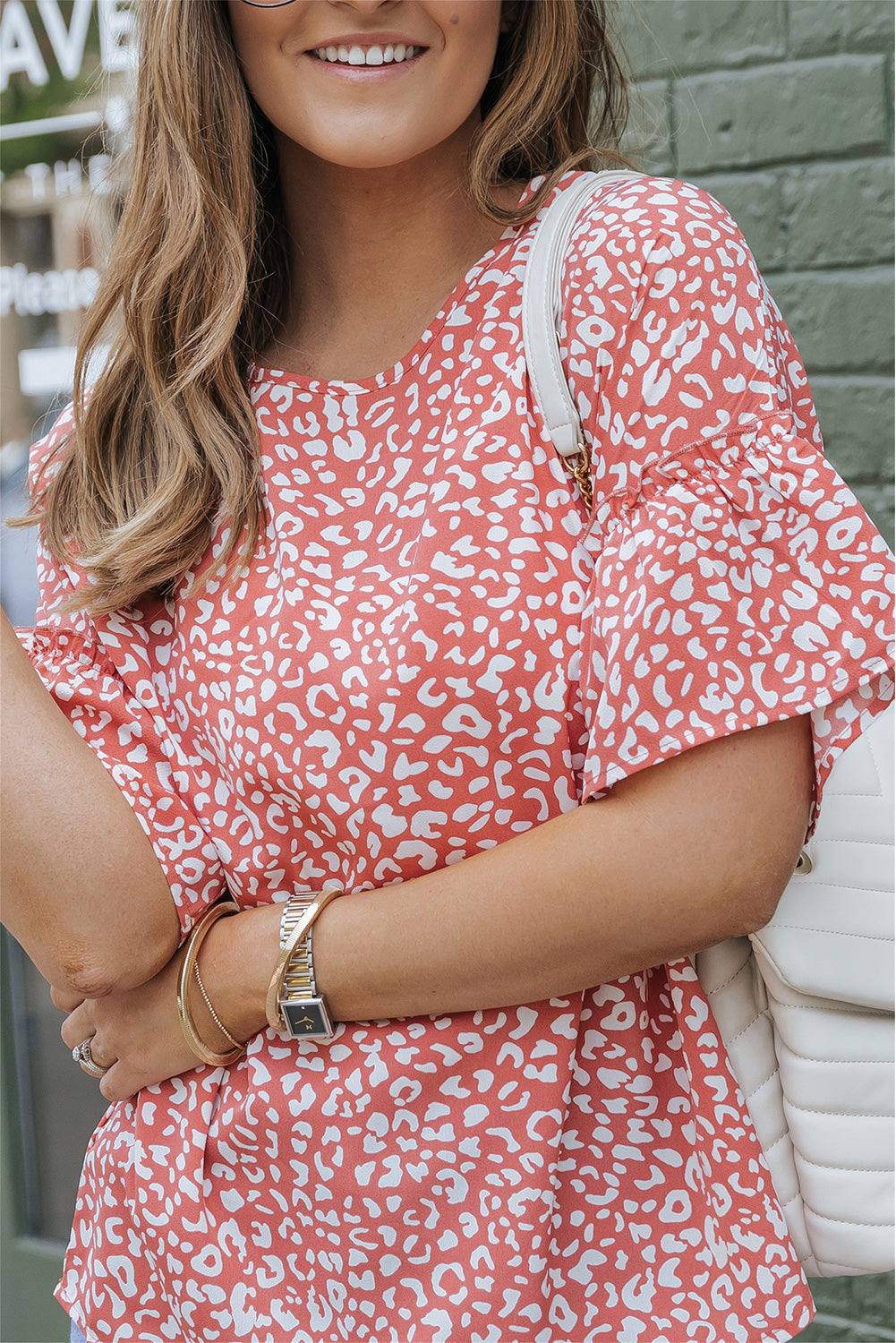 Women's T-shirt Featuring Leopard-Print Ruffle-Trimmed Sleeve