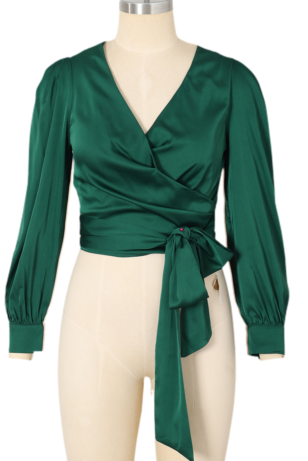 Women's Blouse Featuring Satin Surplice V Neck Knot-Detail