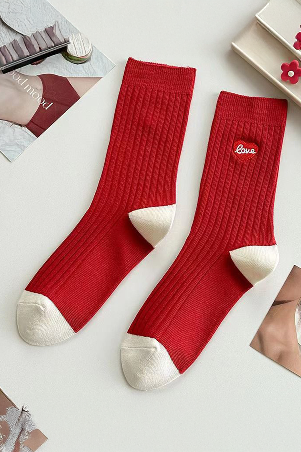Love Embroidered Rib-Knit Colorblock Crew Socks