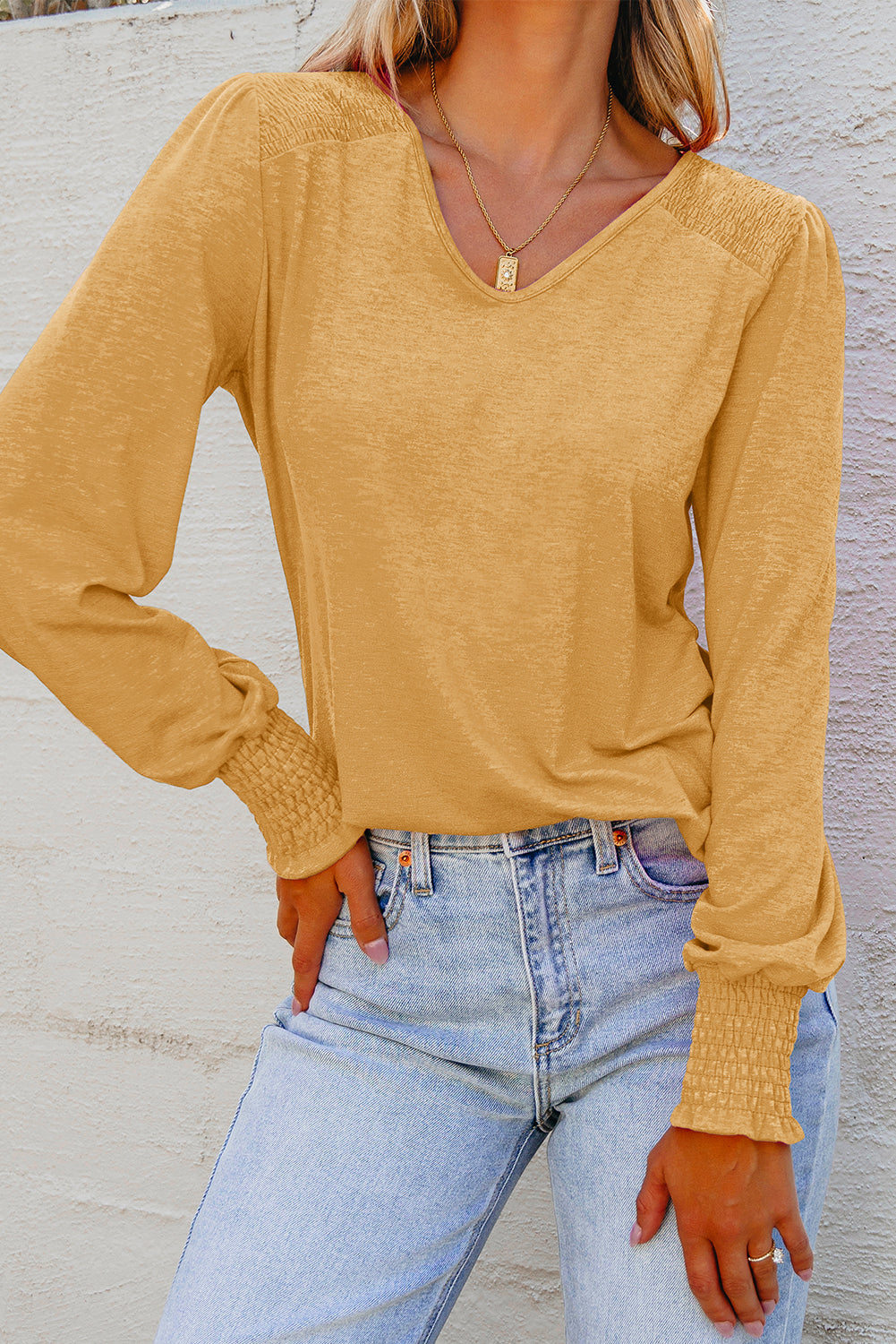 Shirred Shoulder Frilled Cuffs Long-Sleeved Top