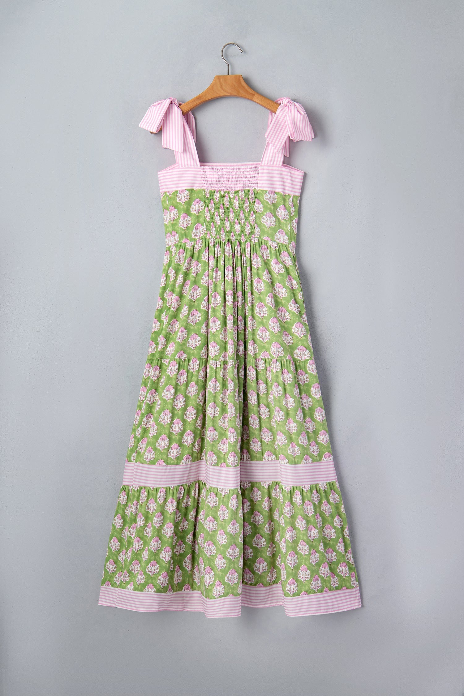 Floral-Print Knot Striped Detail Straps Maxi Dress in Green