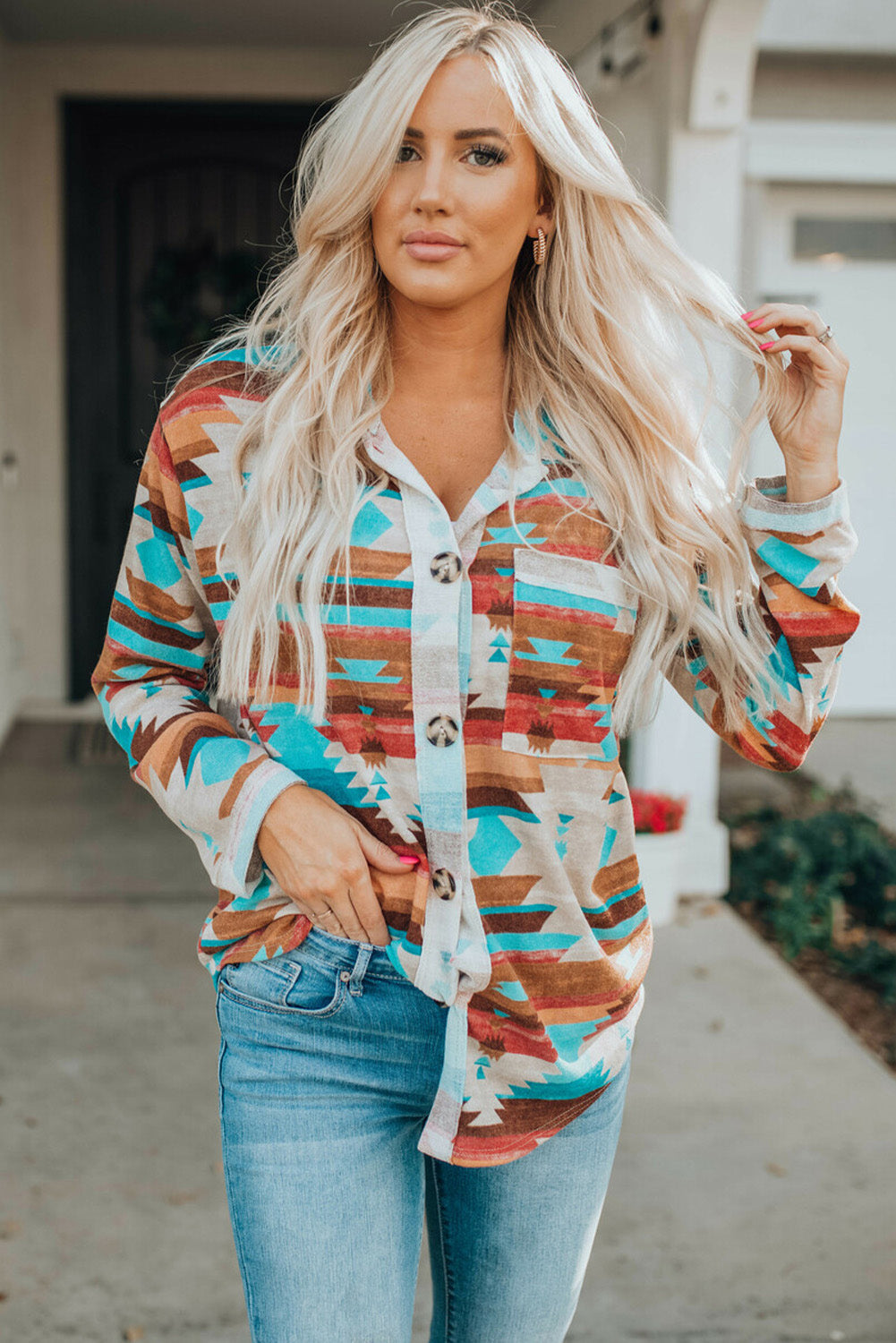 Shacket for Women Aztec Button-Front Pocket Chest Shirt