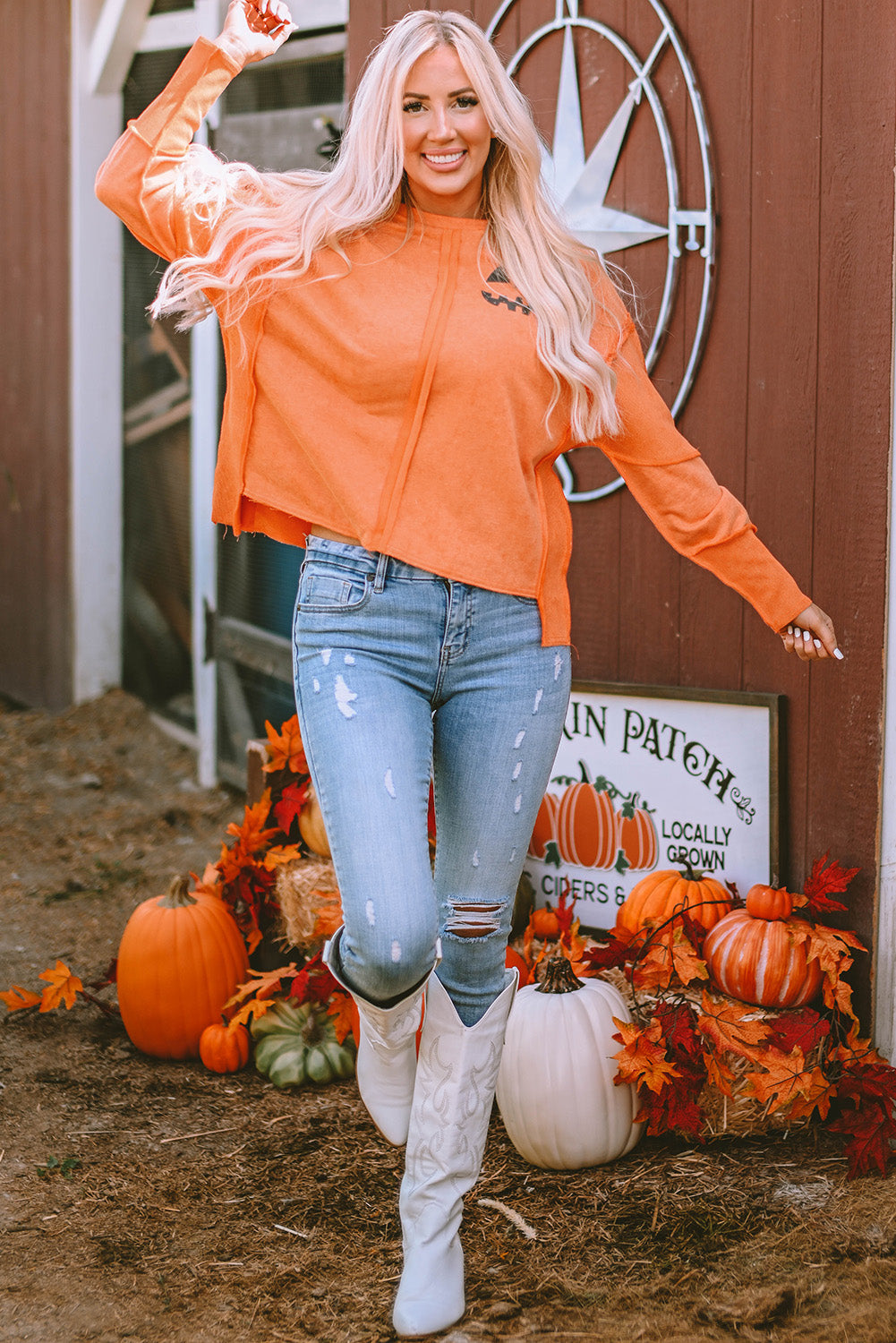 Women's Sweatshirt with Halloween Pumpkin Face Patchwork