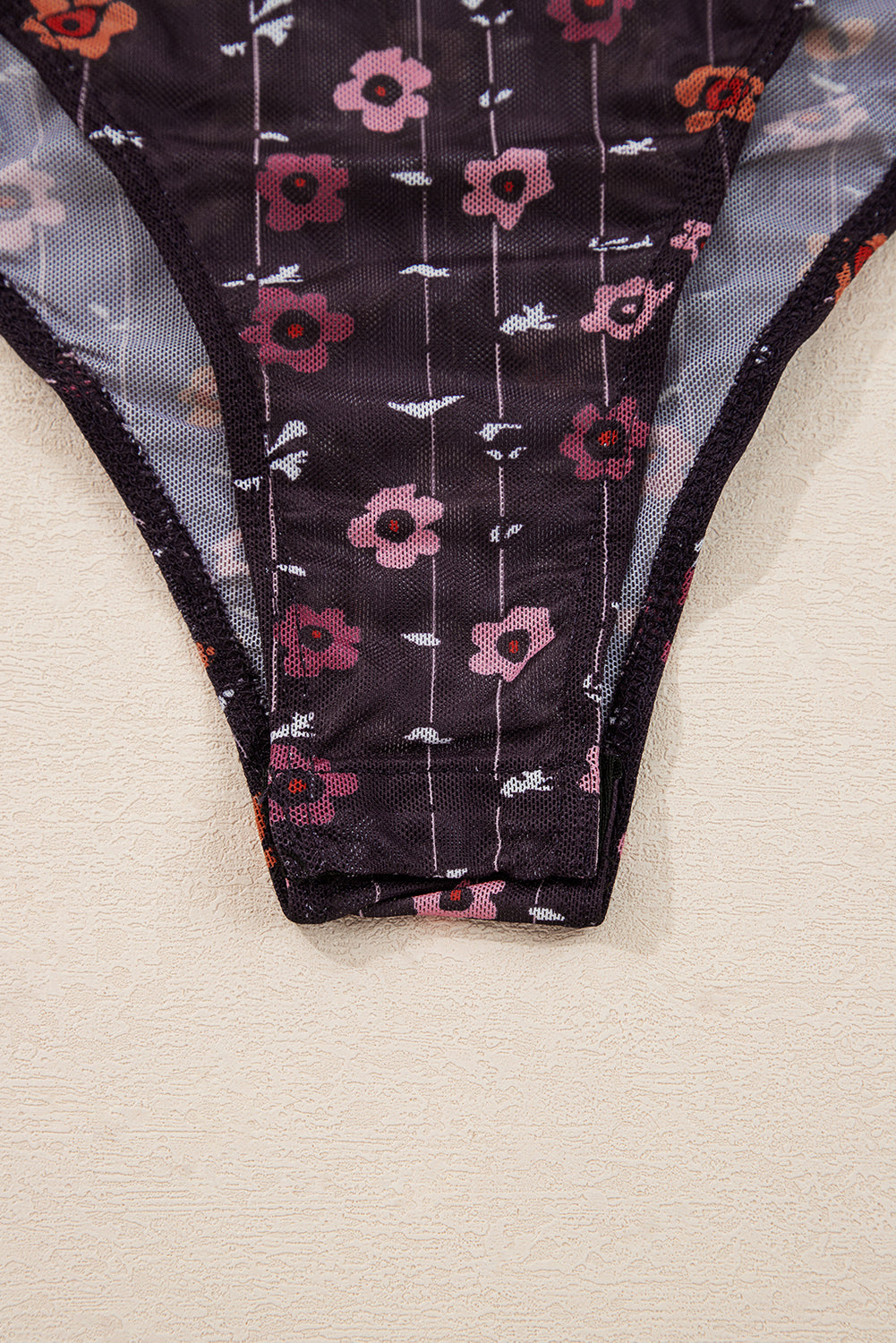 Smocked Cuff Floral-Print Cuff Slim Fit Mesh Bodysuit