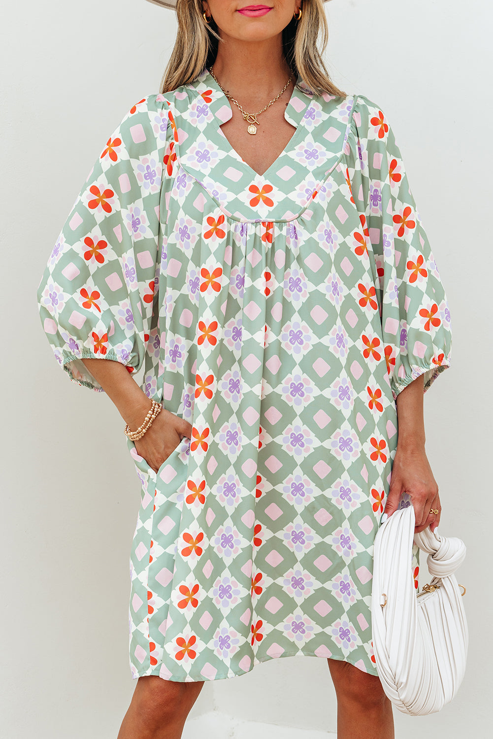Geometric Floral Print 3/4 Sleeve Notched Neck Mini Dress