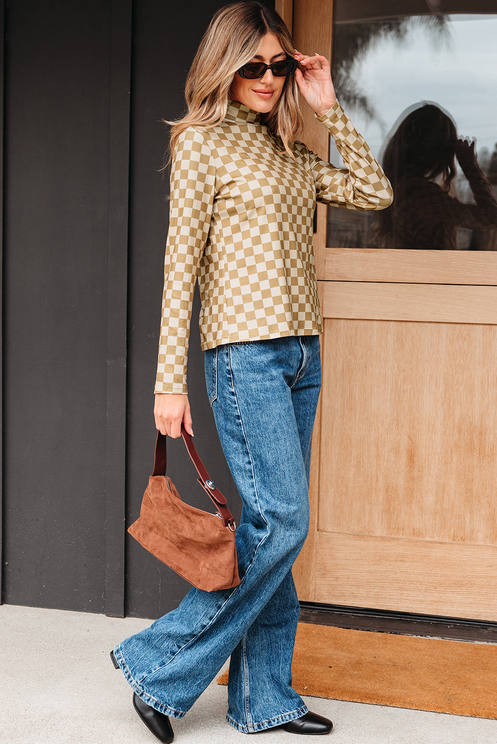 Turtleneck Check Pattern Rib-Knit Slim Long-Sleeved Tee in Khaki