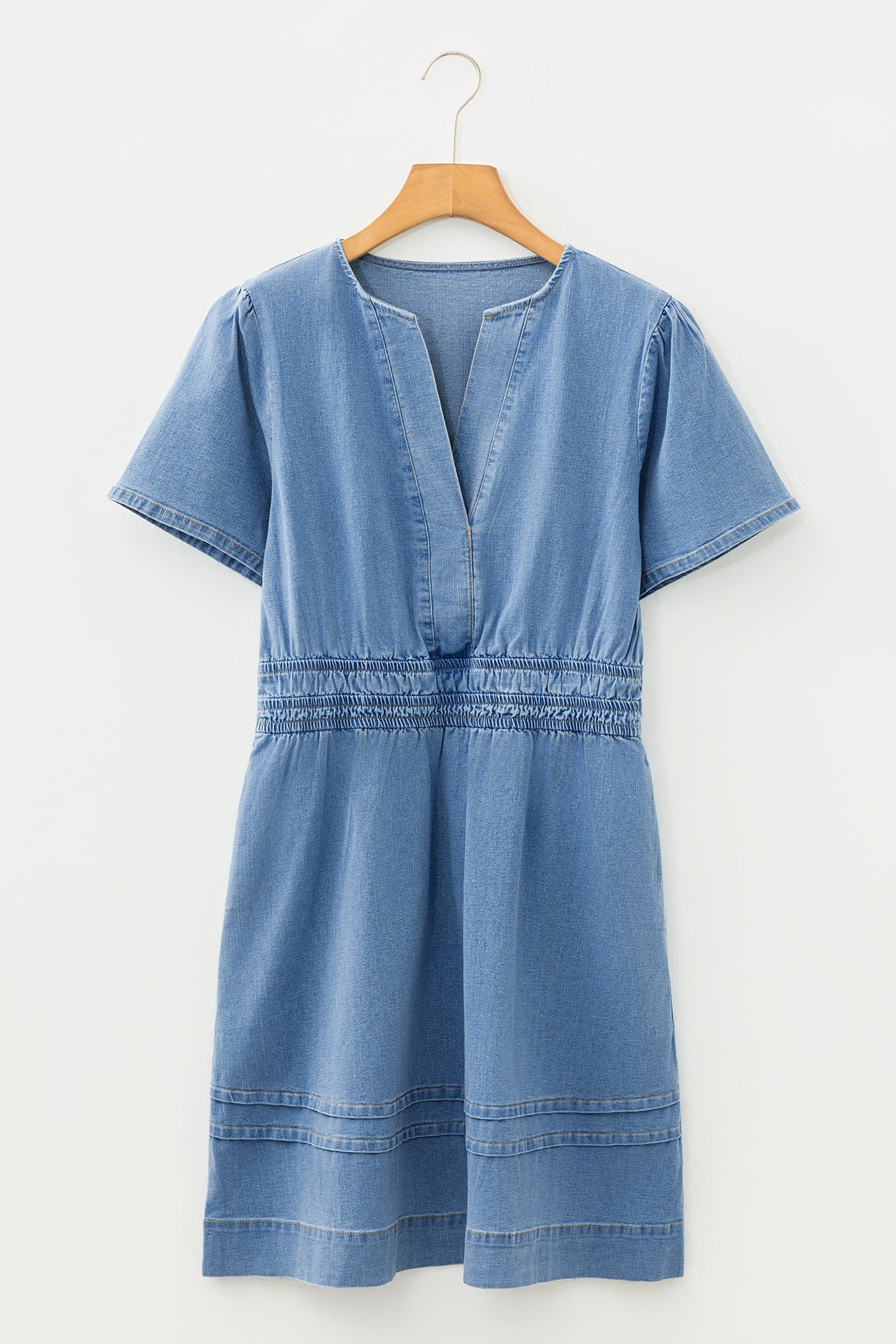 Waist Short-Sleeved Elastic Short-Sleeved Denim Mini Dress in Blue