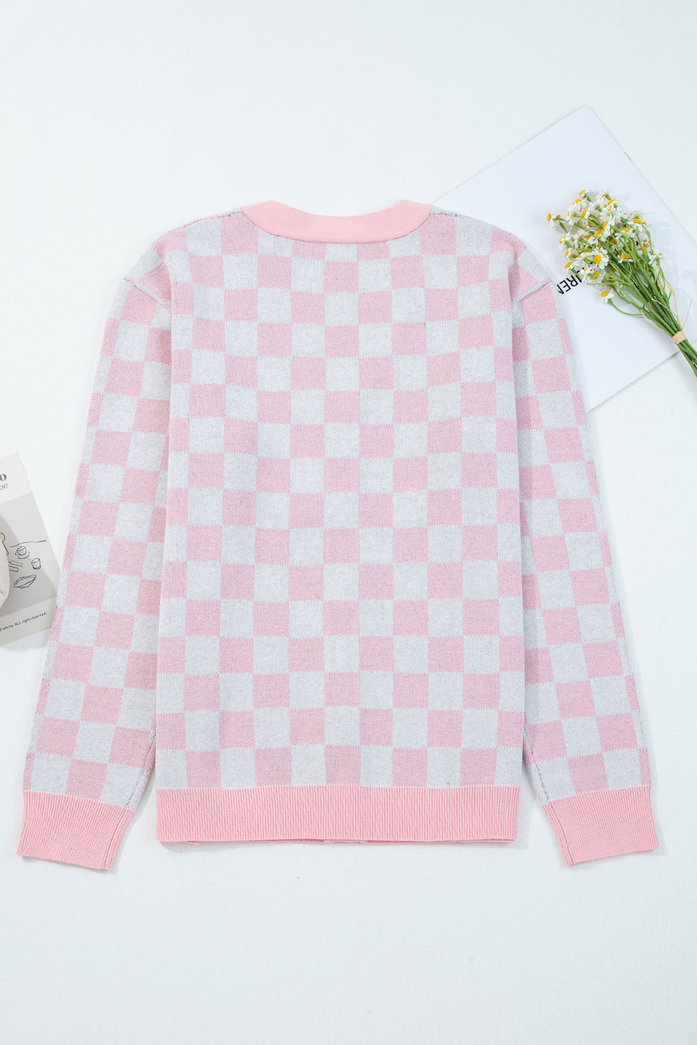 Checkered Christmas Tree Pattern Button V-Neck Cardigan Knit Top