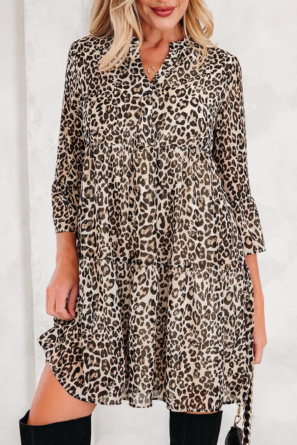 Leopard 3/4 Sleeve V-Neck Swing Dress
