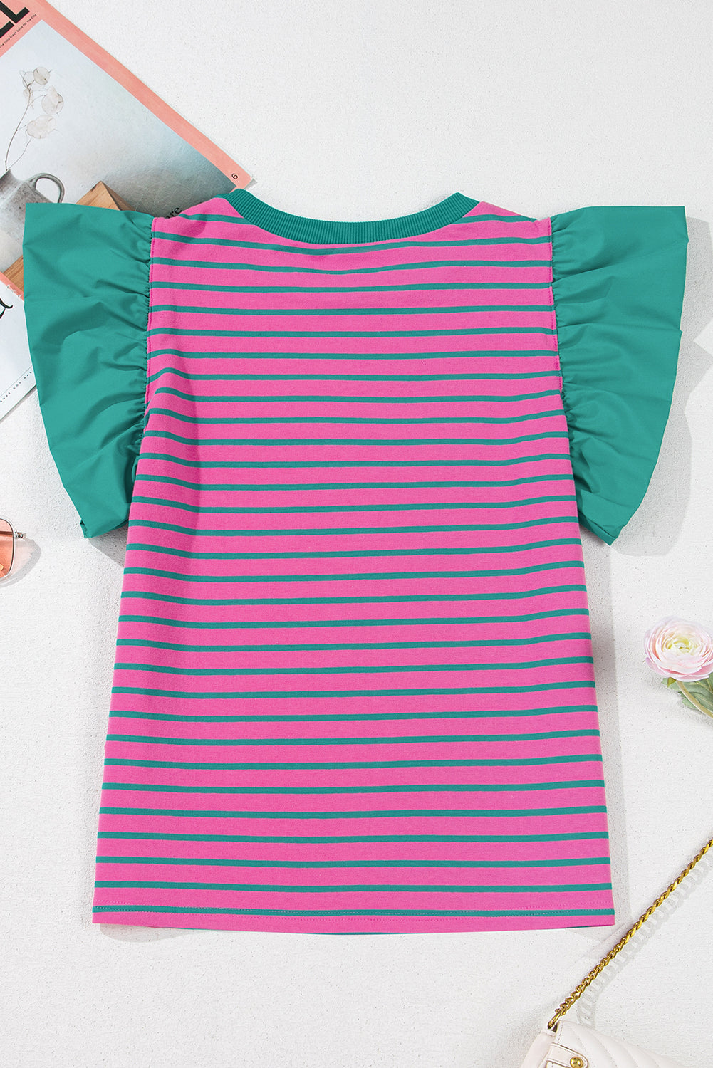 Pink Stripe Colorblock Ruffled Sleeve Blouse